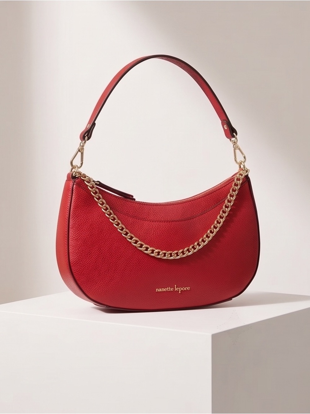 Nanette Lepore Red Leather Hobo with Gold Chain Detail